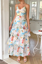 Straps Floral Print V Neck Patchwork Full Dress | Mixtshop LLC