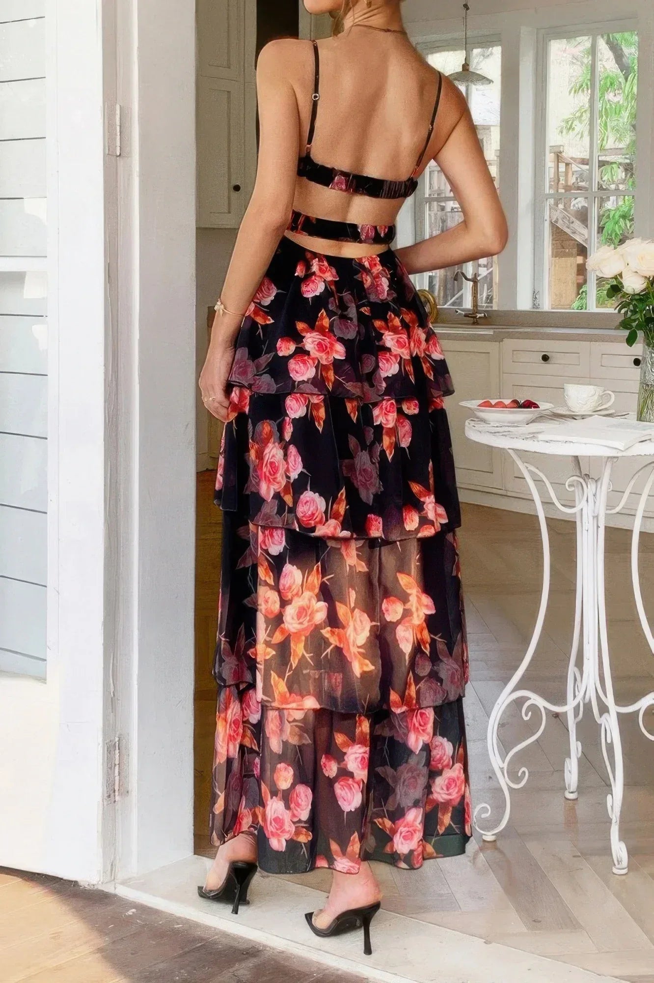 Straps Floral Print V Neck Patchwork Full Dress | Mixtshop LLC