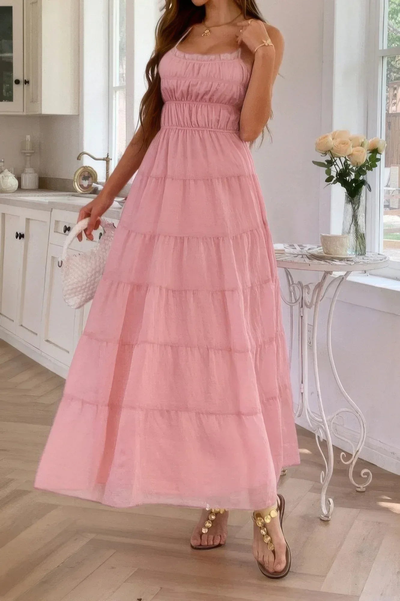 Solid Halter Ruched Textured Tiered Full Dress | Mixtshop LLC