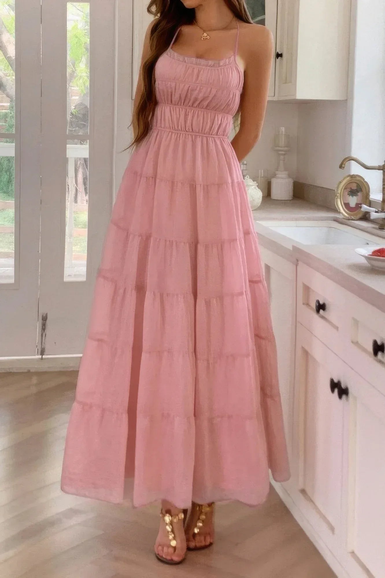 Solid Halter Ruched Textured Tiered Full Dress Secondary image