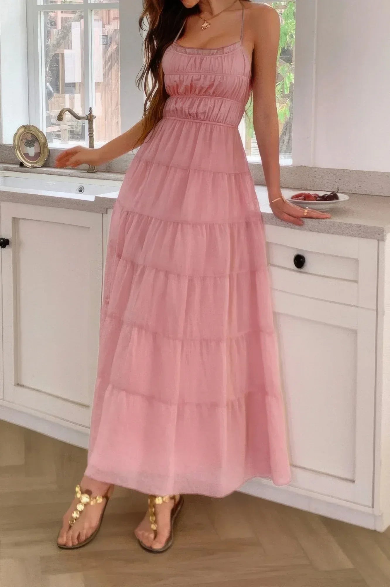 Solid Halter Ruched Textured Tiered Full Dress | Mixtshop LLC