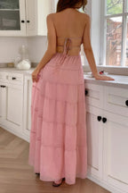 Solid Halter Ruched Textured Tiered Full Dress | Mixtshop LLC