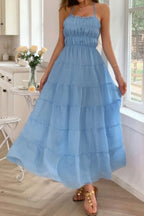 Solid Halter Ruched Textured Tiered Full Dress | Mixtshop LLC