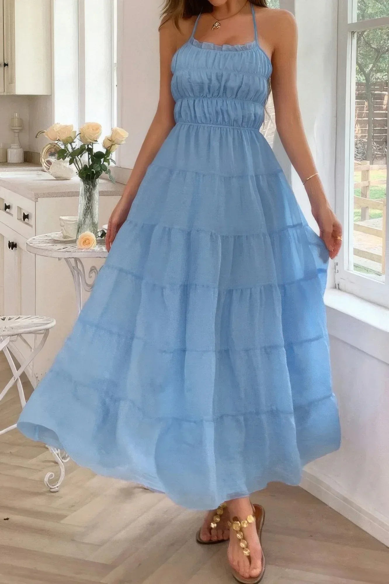 Solid Halter Ruched Textured Tiered Full Dress | Mixtshop LLC