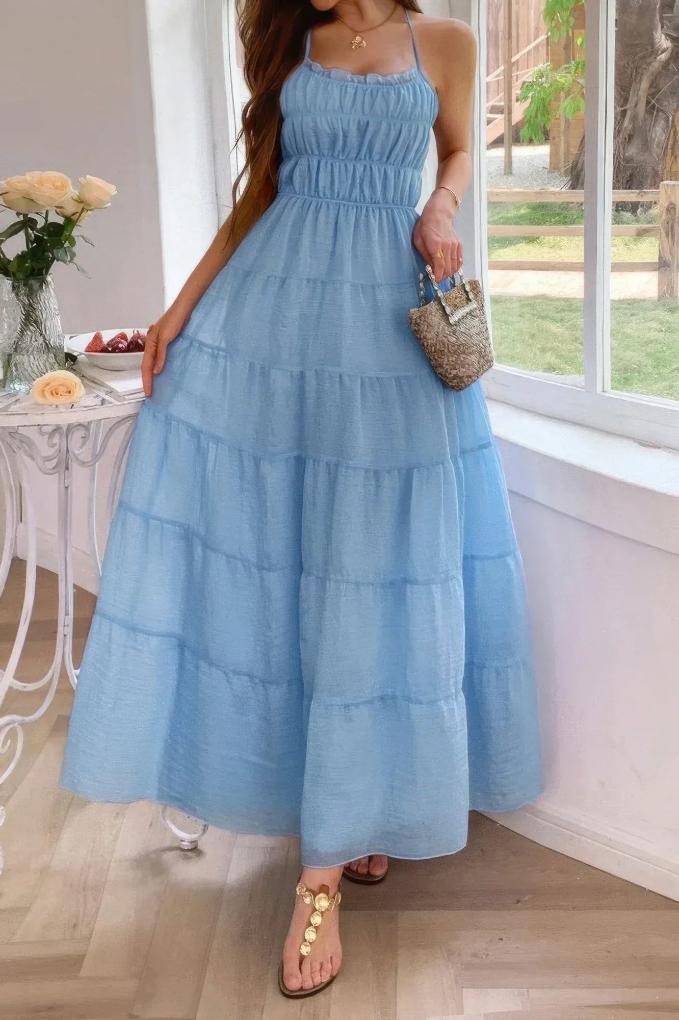 Solid Halter Ruched Textured Tiered Full Dress | Mixtshop LLC