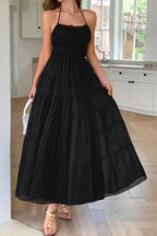 Solid Halter Ruched Textured Tiered Full Dress | Mixtshop LLC