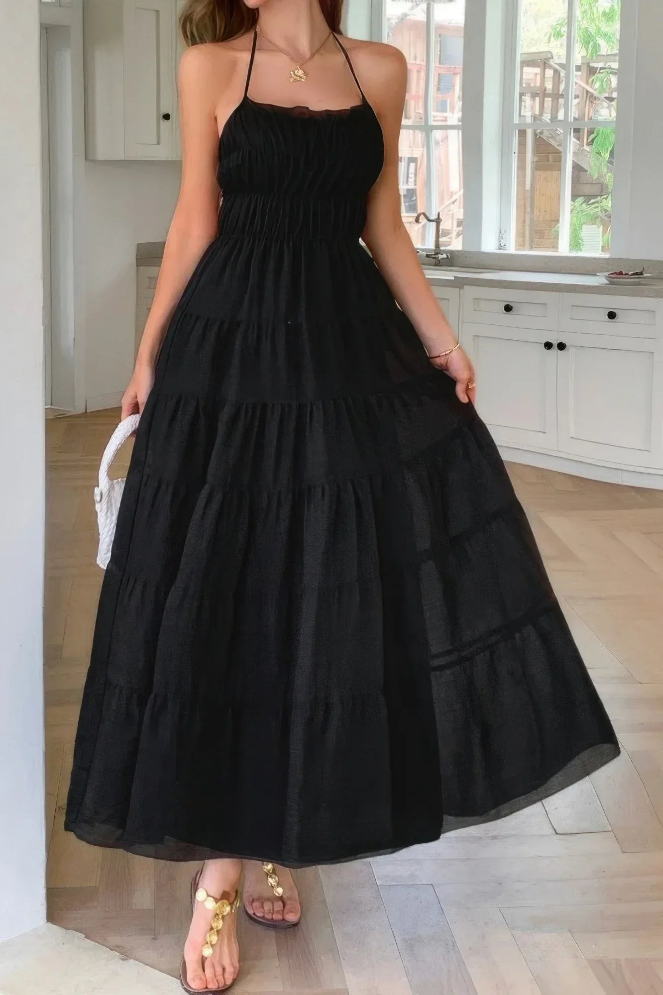 Solid Halter Ruched Textured Tiered Full Dress | Mixtshop LLC
