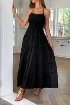 Solid Halter Ruched Textured Tiered Full Dress | Mixtshop LLC