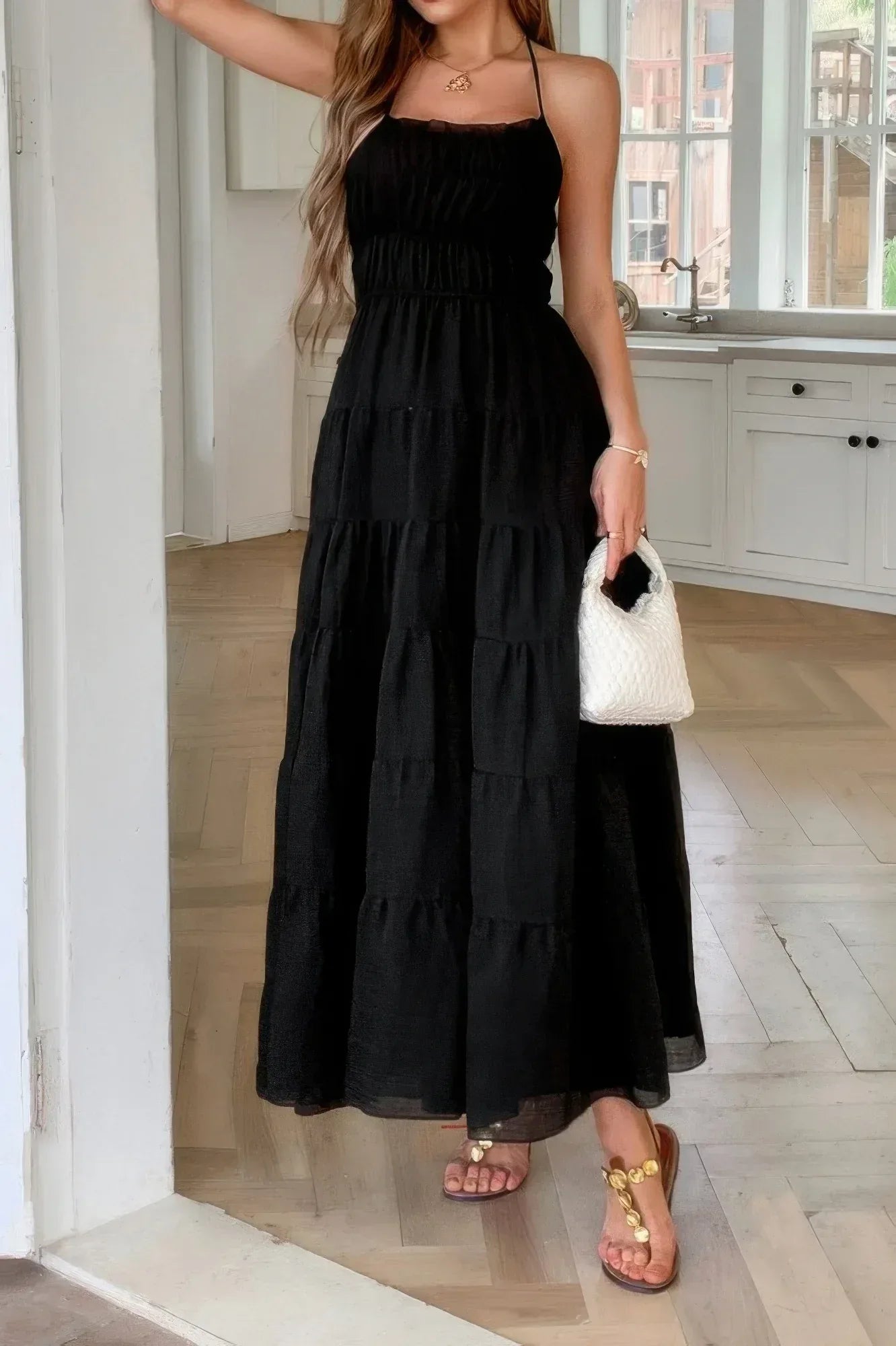 Solid Halter Ruched Textured Tiered Full Dress | Mixtshop LLC