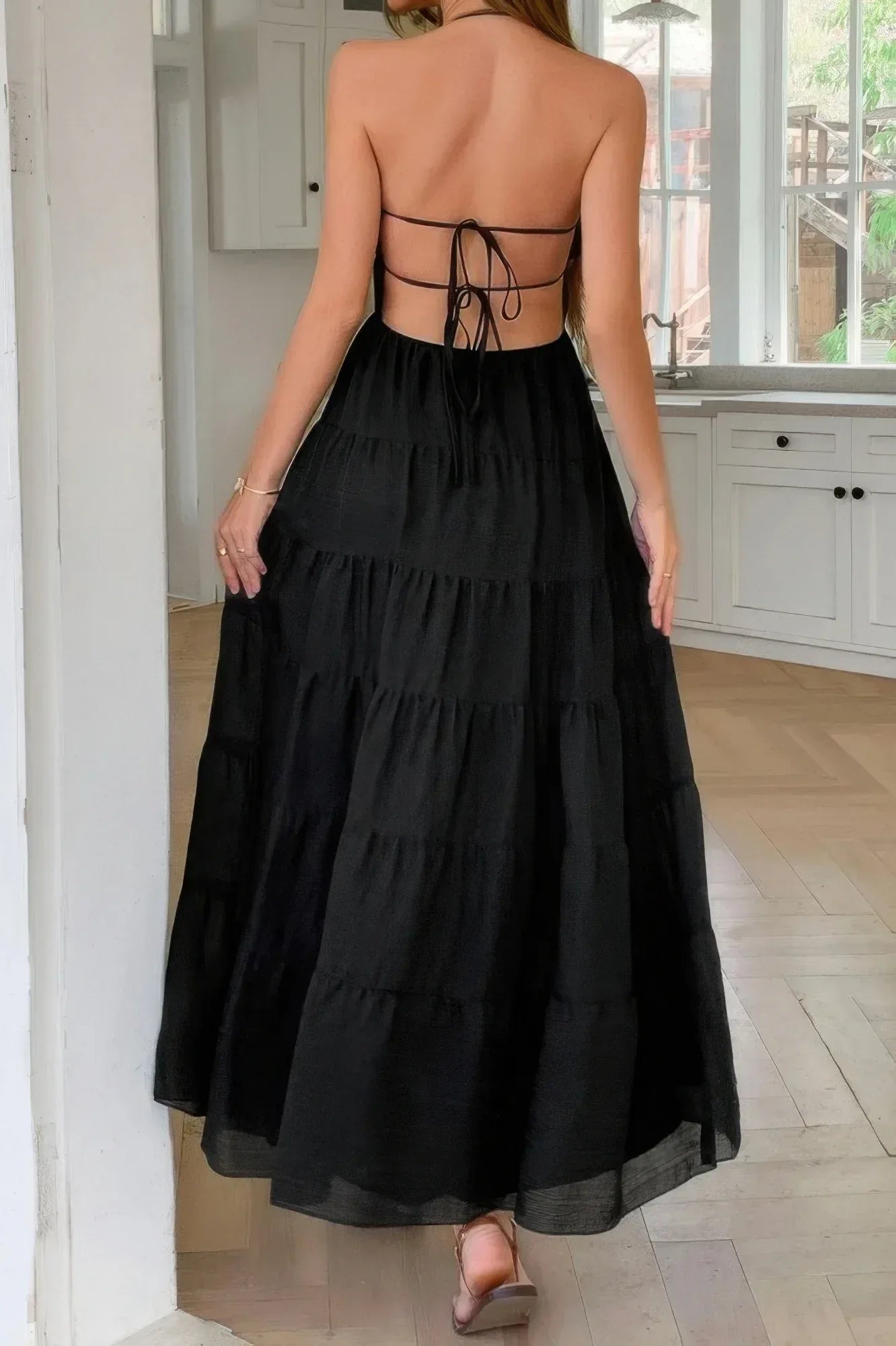 Solid Halter Ruched Textured Tiered Full Dress | Mixtshop LLC