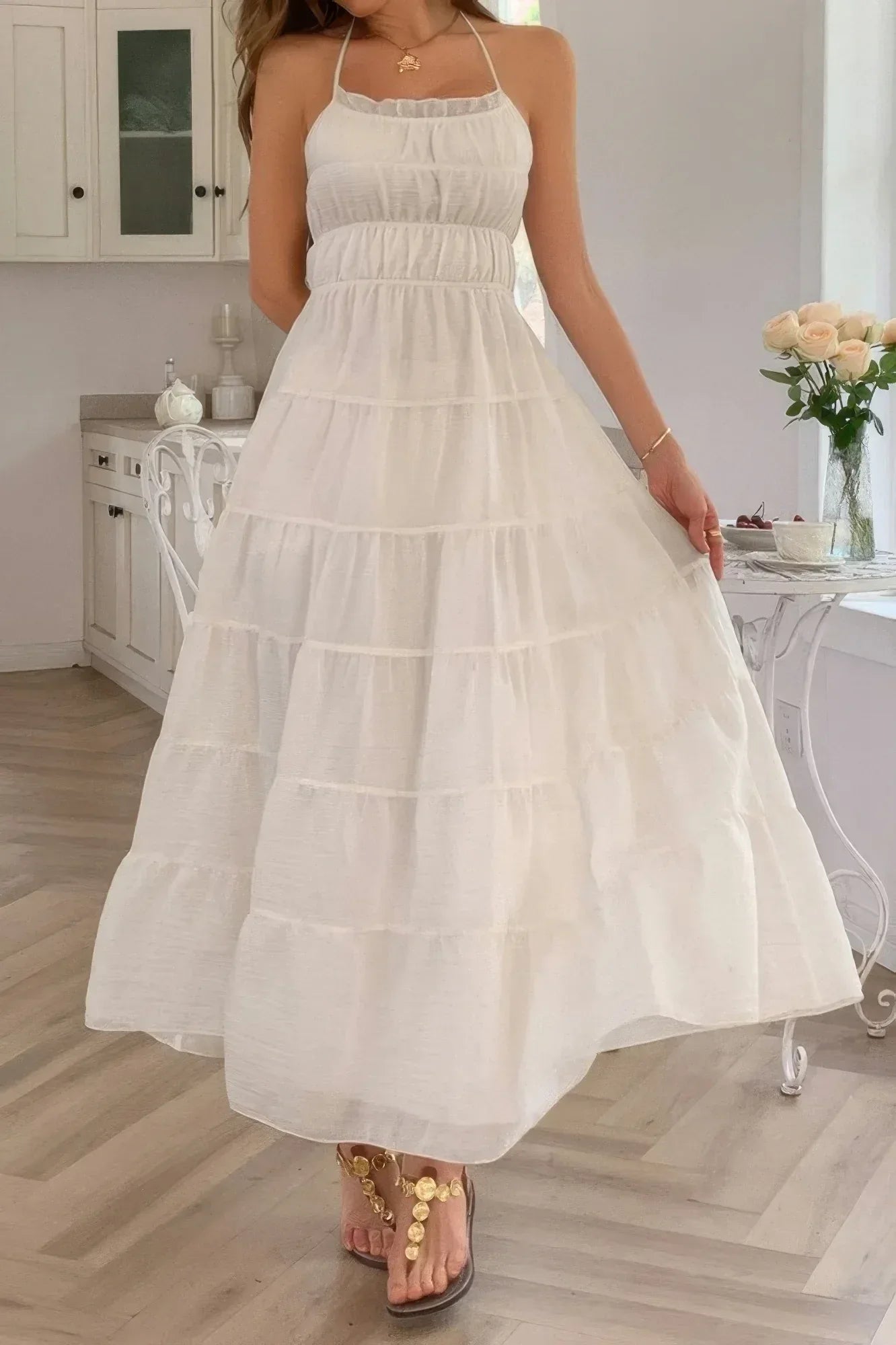Solid Halter Ruched Textured Tiered Full Dress | Mixtshop LLC