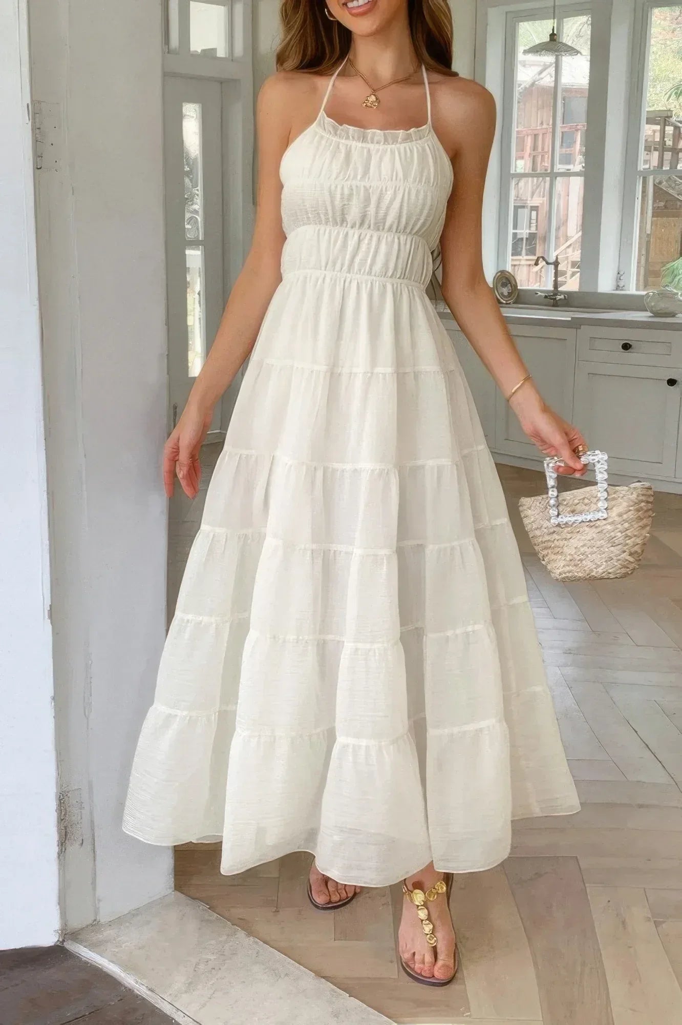 Solid Halter Ruched Textured Tiered Full Dress | Mixtshop LLC