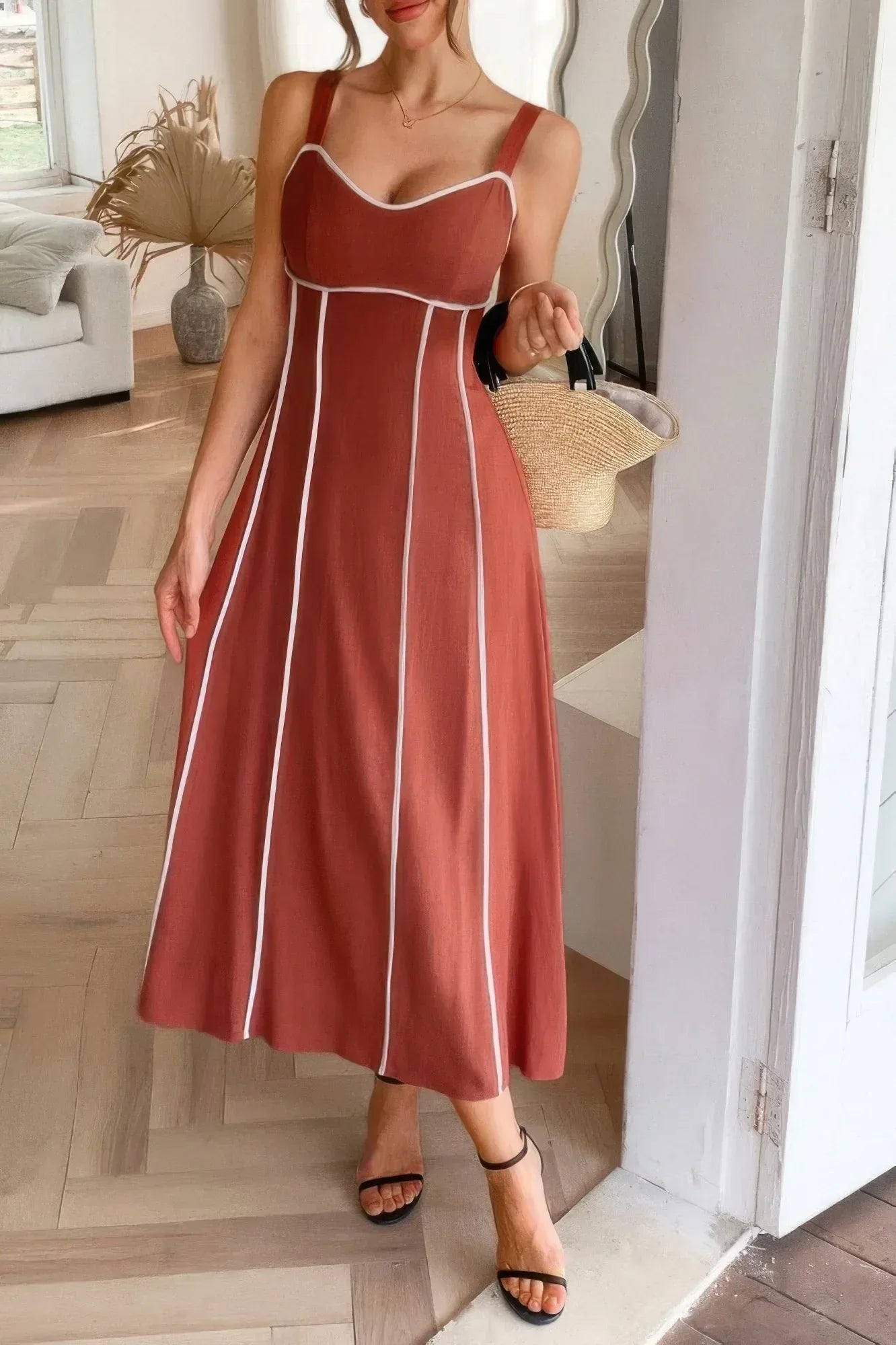 Strip Contrast Binding Linen Blend Cami Dress | Mixtshop LLC Main image