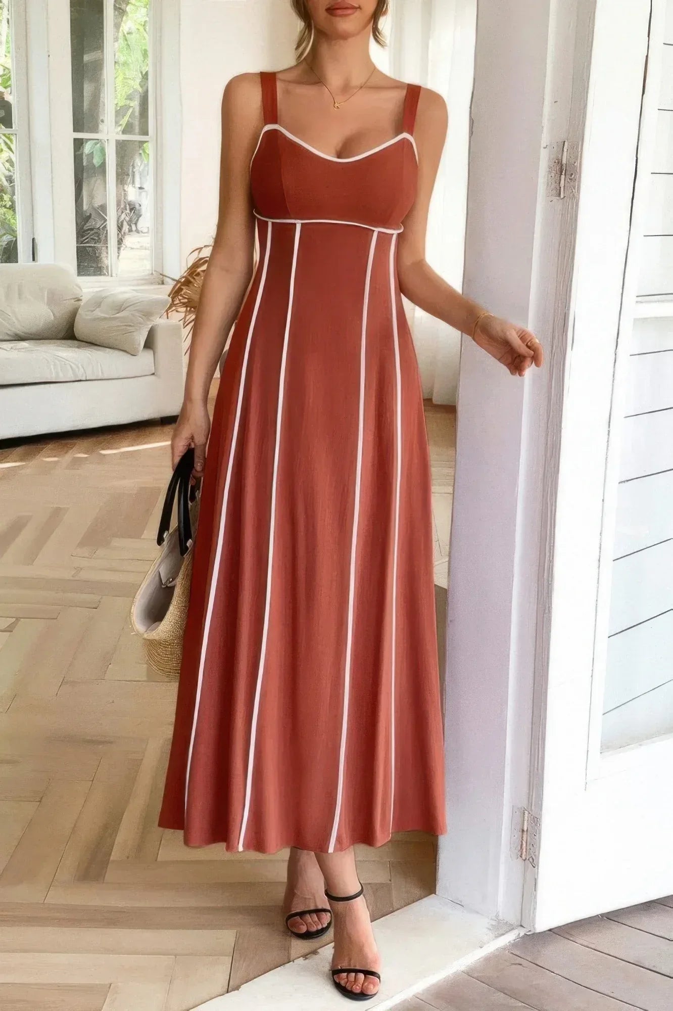 Strip Contrast Binding Linen Blend Cami Dress Secondary image