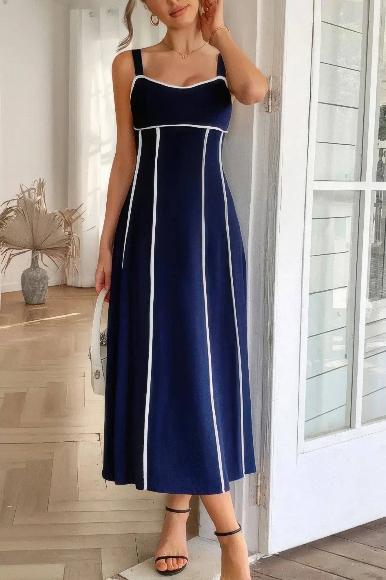 Strip Contrast Binding Linen Blend Cami Dress | Mixtshop LLC