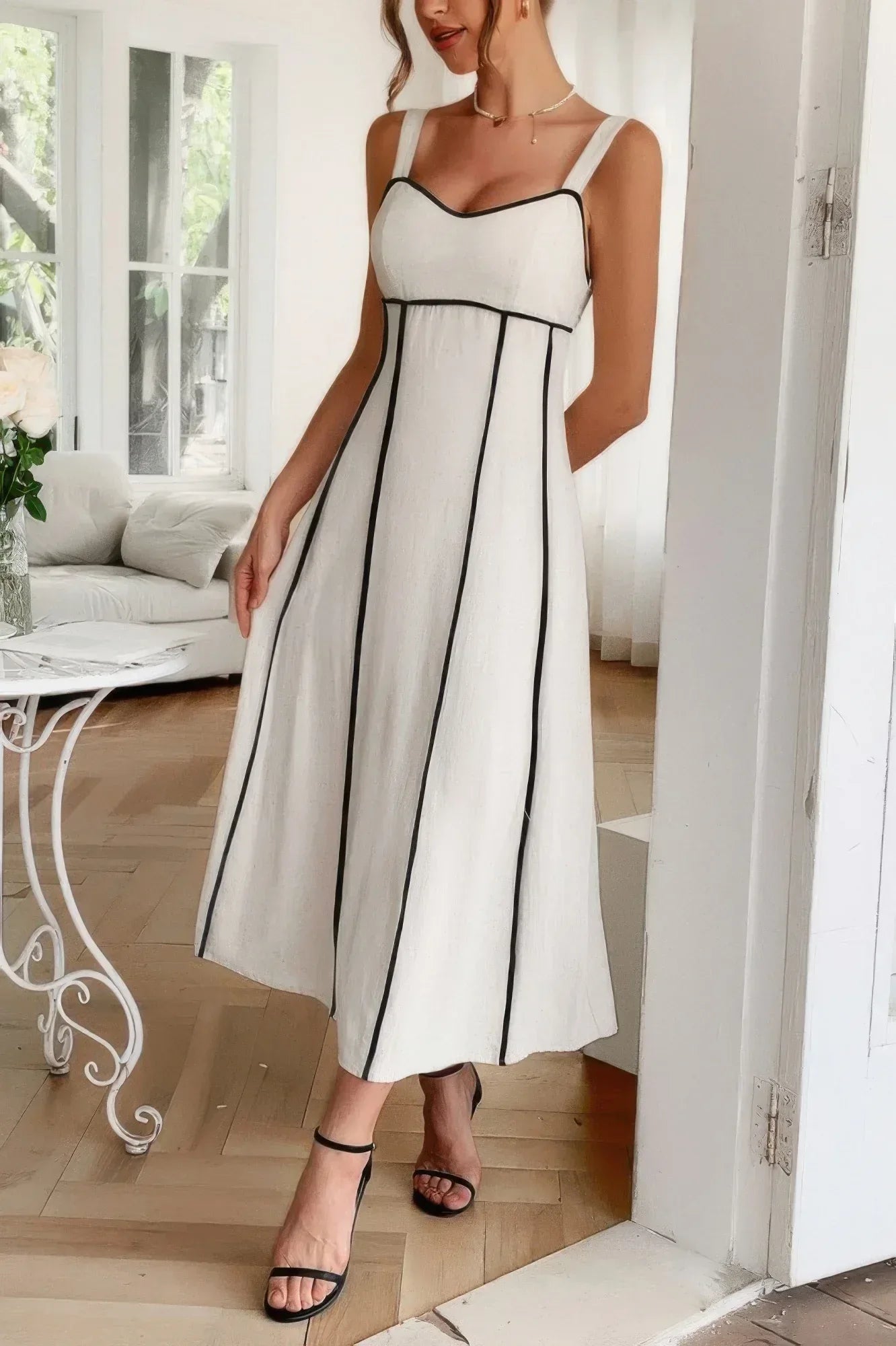 Strip Contrast Binding Linen Blend Cami Dress | Mixtshop LLC