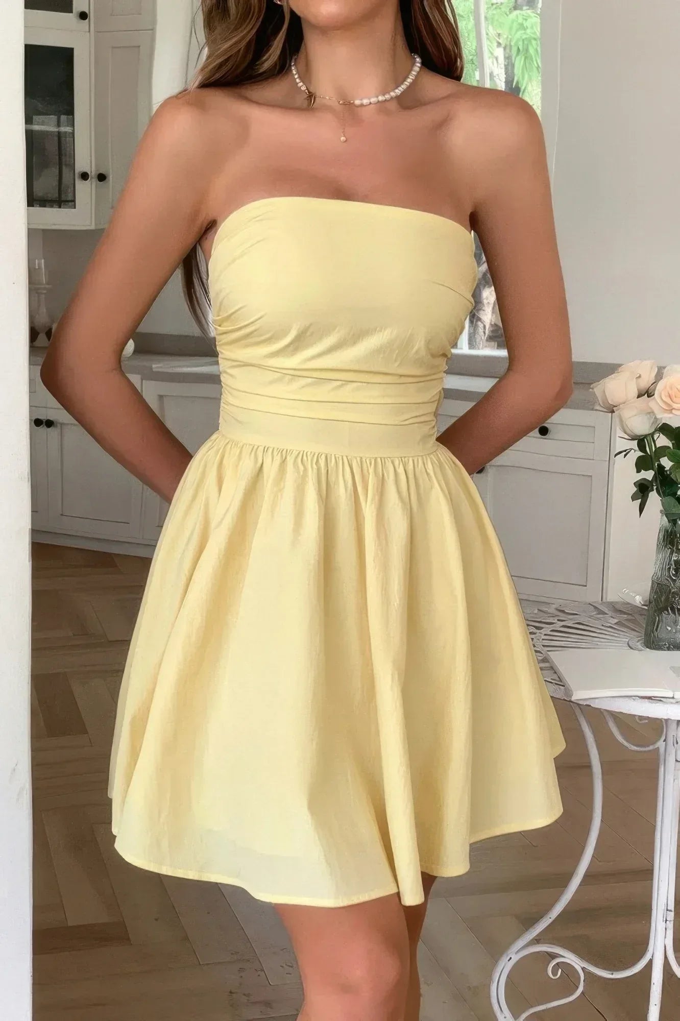 Solid Off Shoulder Tube Elastic Waist Dress Secondary image
