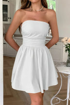 Solid Off Shoulder Tube Elastic Waist Dress | Mixtshop LLC