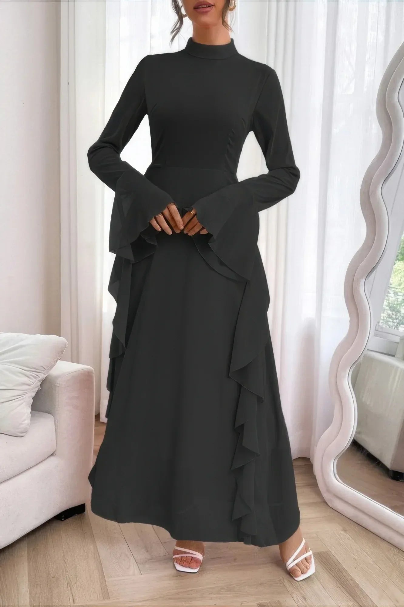 Solid Stand Collar Flare Sleeve Ruffle Full Dress | Mixtshop LLC Main image
