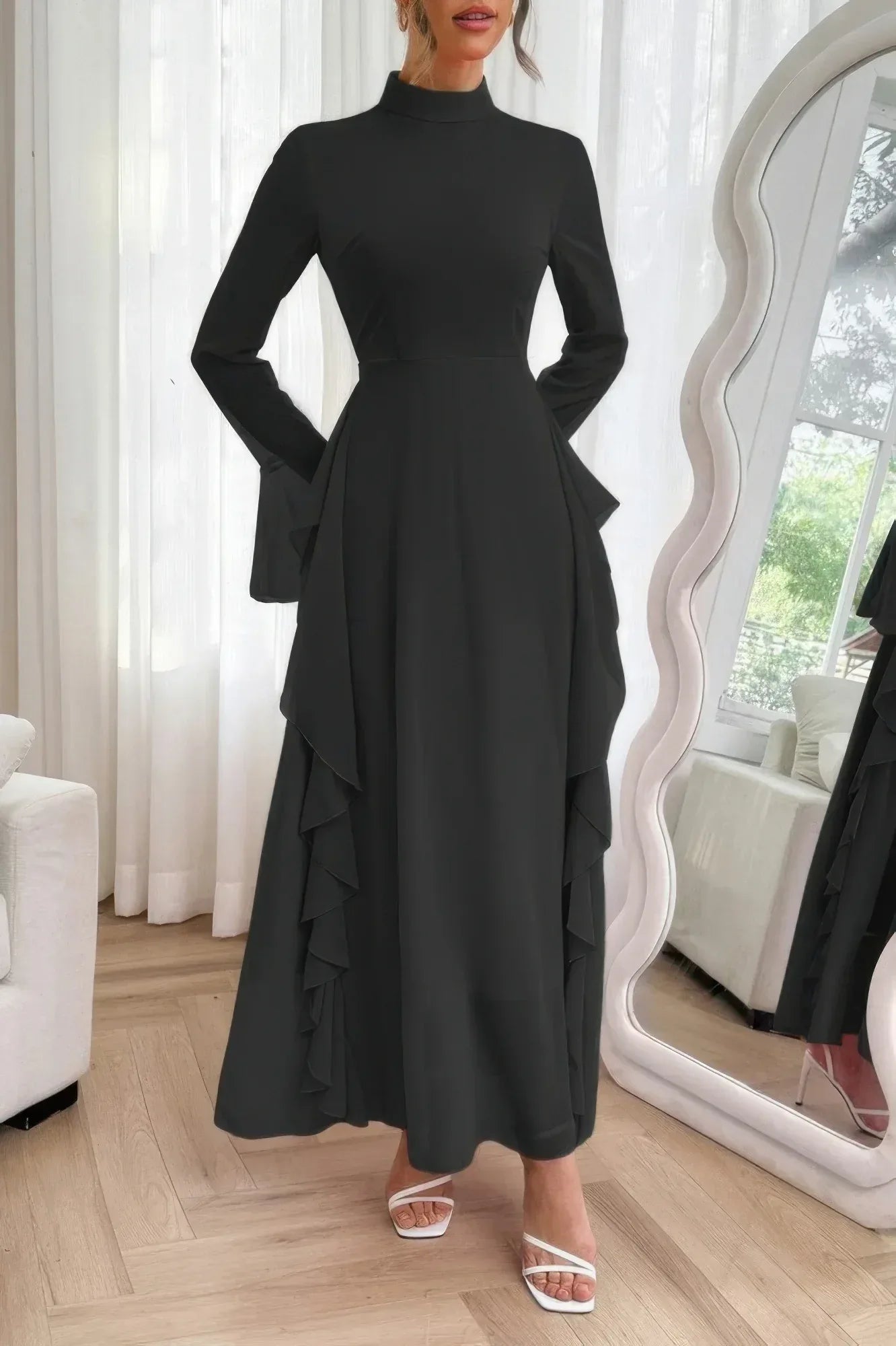 Solid Stand Collar Flare Sleeve Ruffle Full Dress Secondary image