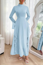 Solid Stand Collar Flare Sleeve Ruffle Full Dress | Mixtshop LLC