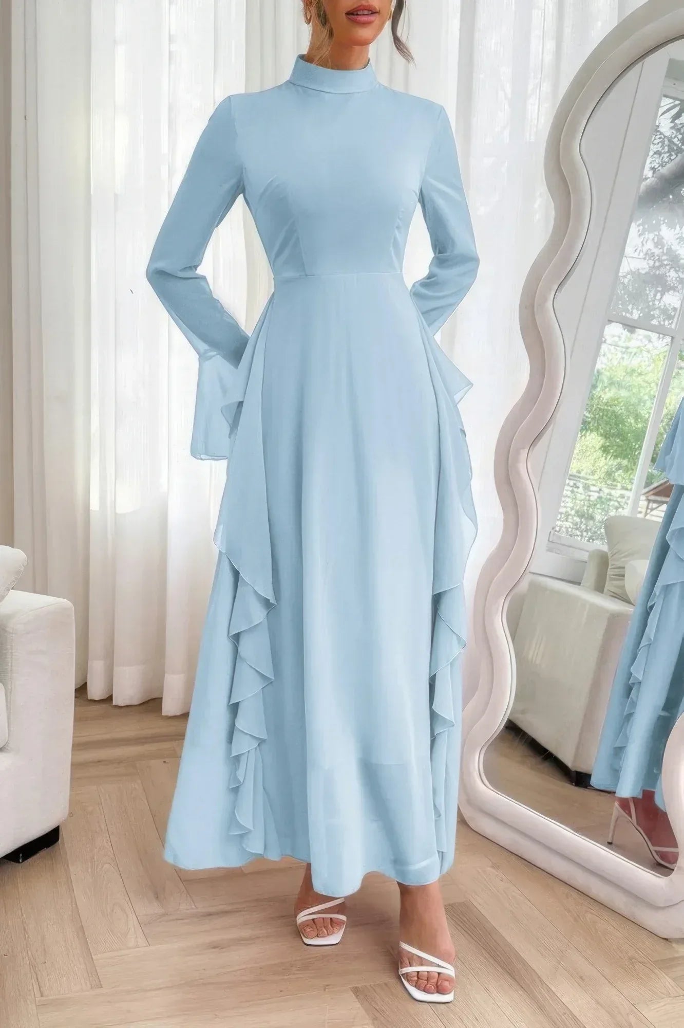 Solid Stand Collar Flare Sleeve Ruffle Full Dress | Mixtshop LLC