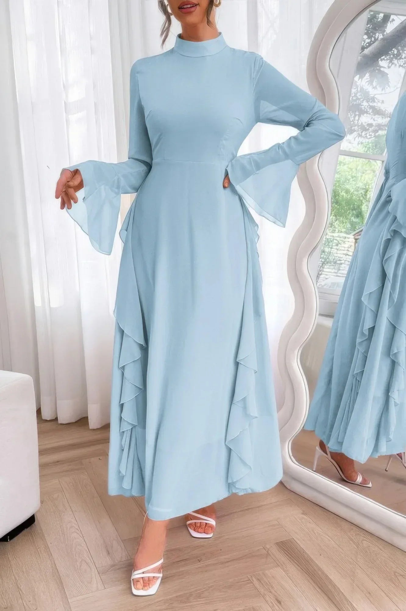 Solid Stand Collar Flare Sleeve Ruffle Full Dress | Mixtshop LLC