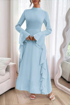 Solid Stand Collar Flare Sleeve Ruffle Full Dress | Mixtshop LLC
