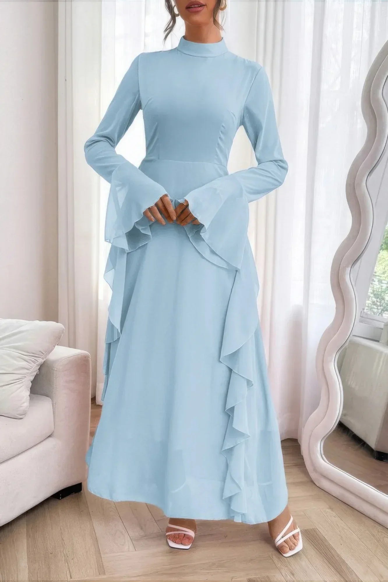 Solid Stand Collar Flare Sleeve Ruffle Full Dress | Mixtshop LLC