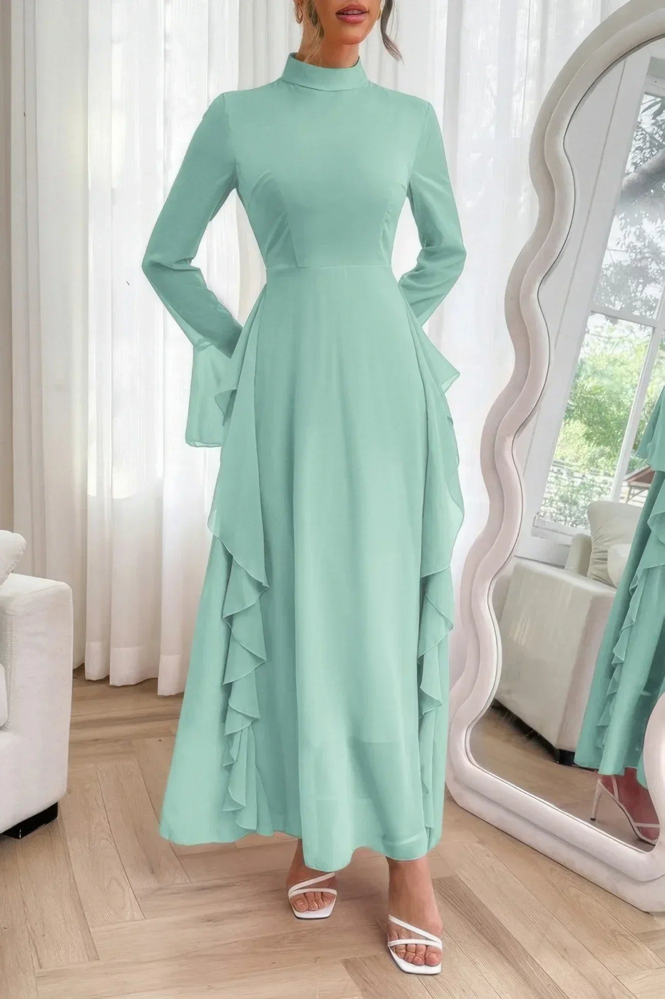 Solid Stand Collar Flare Sleeve Ruffle Full Dress | Mixtshop LLC