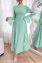 Solid Stand Collar Flare Sleeve Ruffle Full Dress | Mixtshop LLC
