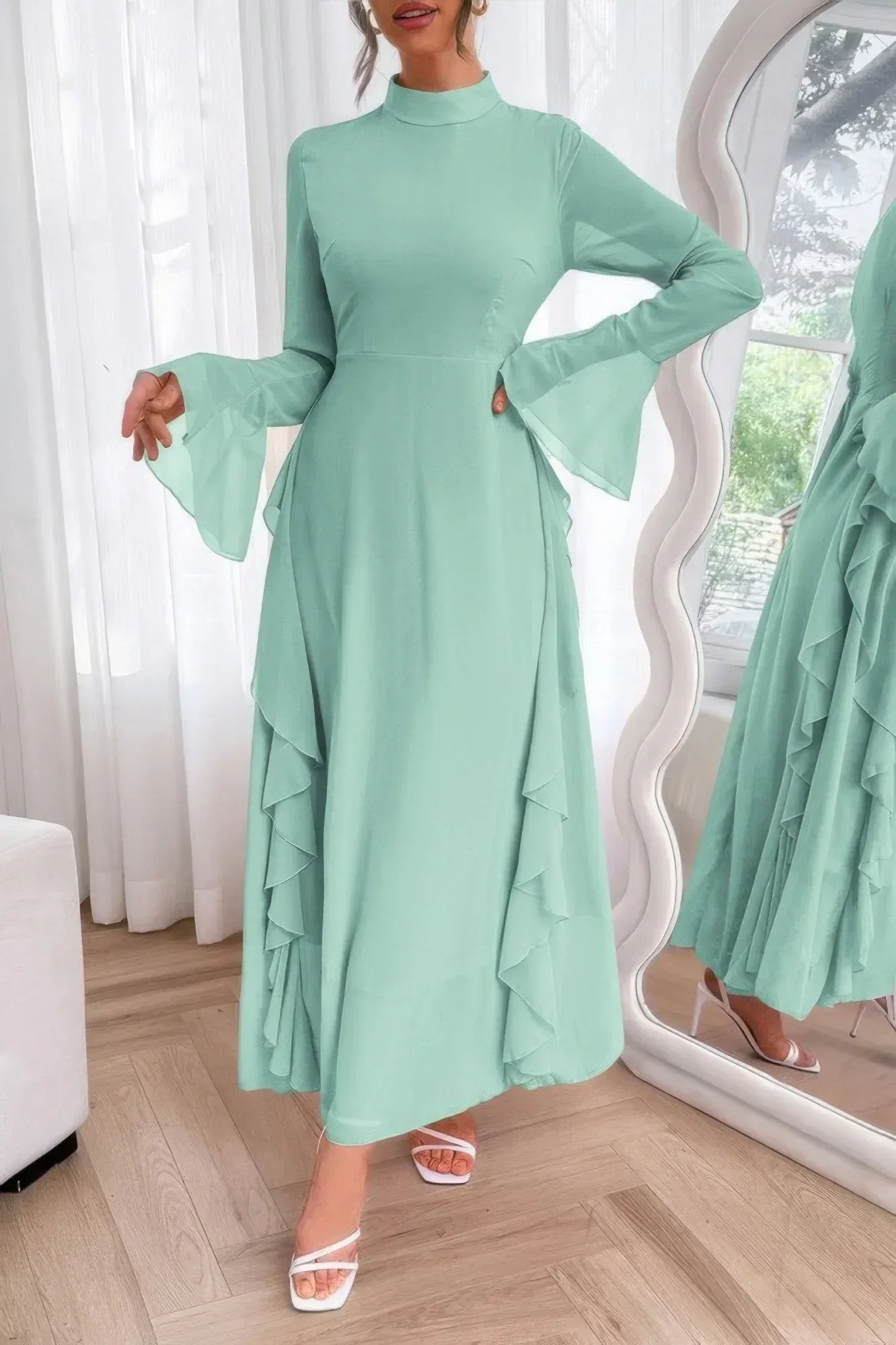 Solid Stand Collar Flare Sleeve Ruffle Full Dress | Mixtshop LLC