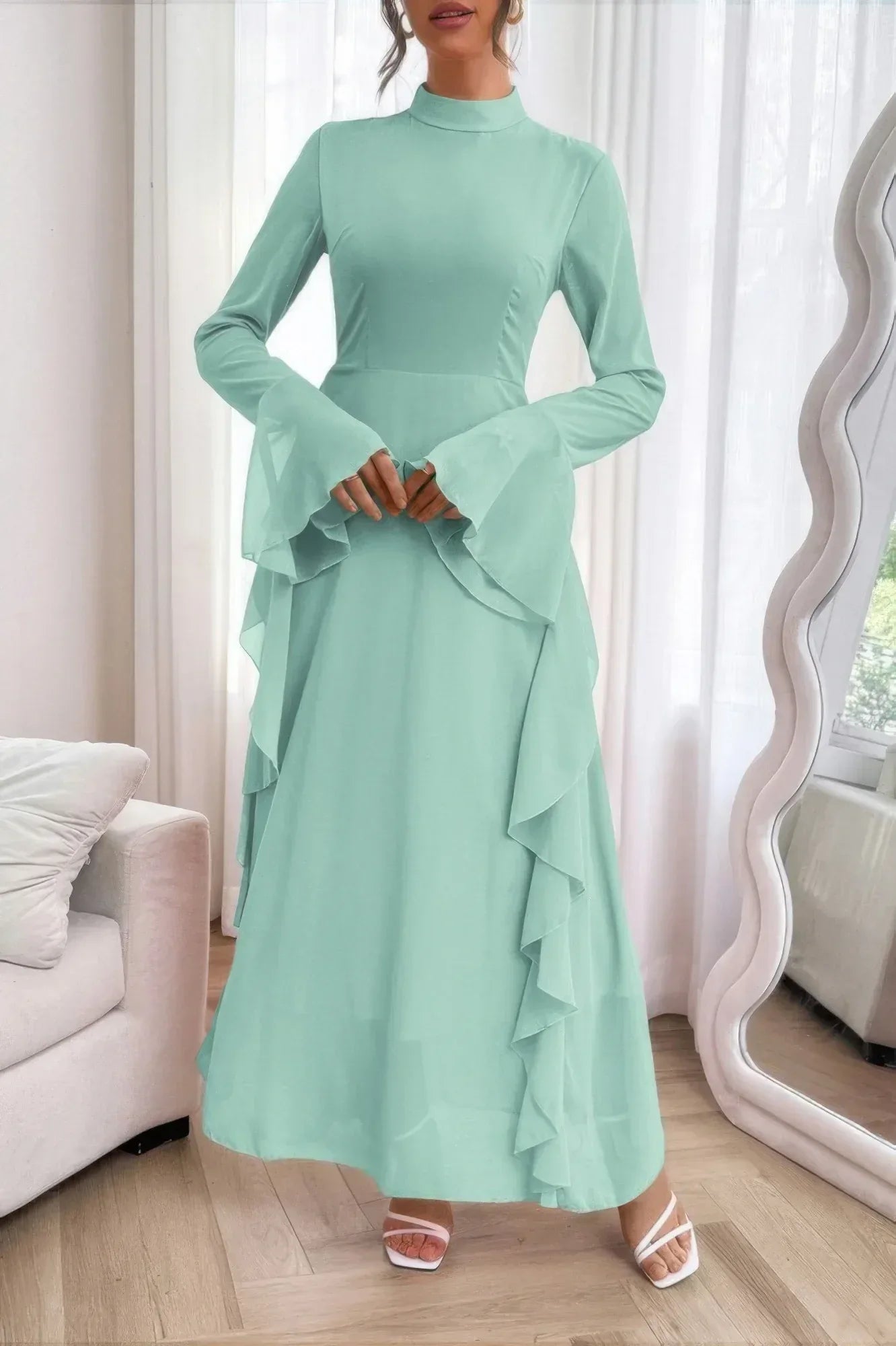 Solid Stand Collar Flare Sleeve Ruffle Full Dress | Mixtshop LLC