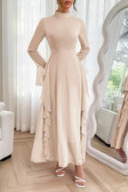 Solid Stand Collar Flare Sleeve Ruffle Full Dress | Mixtshop LLC