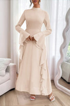 Solid Stand Collar Flare Sleeve Ruffle Full Dress | Mixtshop LLC