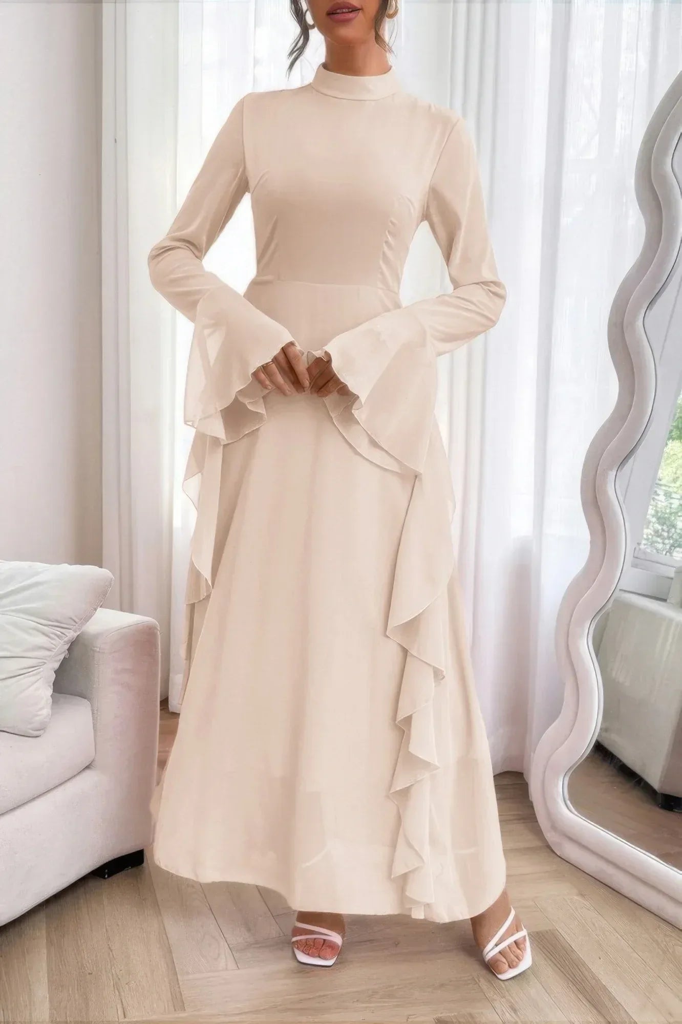 Solid Stand Collar Flare Sleeve Ruffle Full Dress | Mixtshop LLC