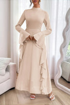 Solid Stand Collar Flare Sleeve Ruffle Full Dress | Mixtshop LLC