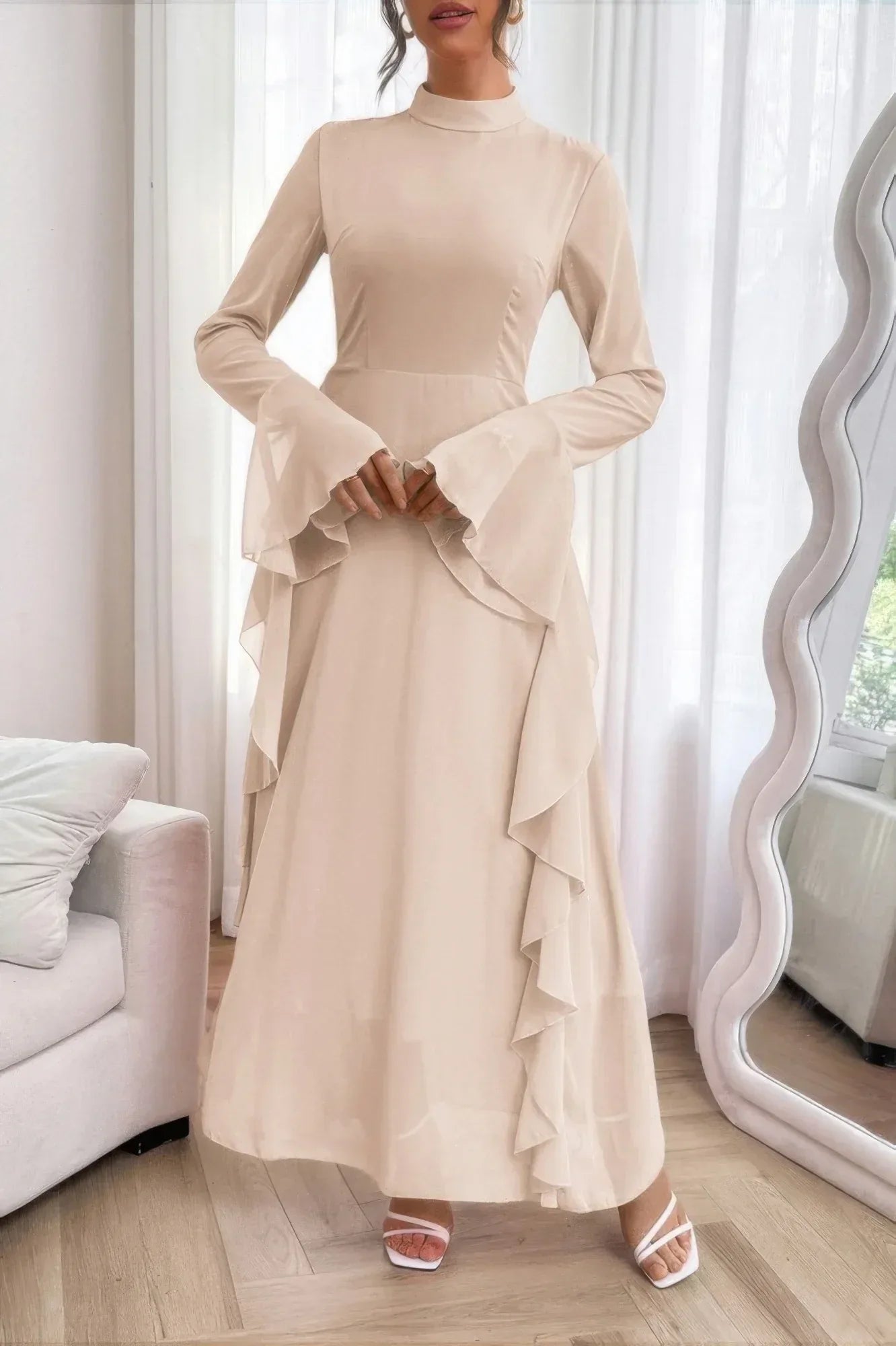 Solid Stand Collar Flare Sleeve Ruffle Full Dress | Mixtshop LLC