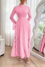 Solid Stand Collar Flare Sleeve Ruffle Full Dress | Mixtshop LLC