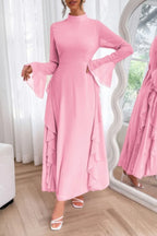 Solid Stand Collar Flare Sleeve Ruffle Full Dress | Mixtshop LLC