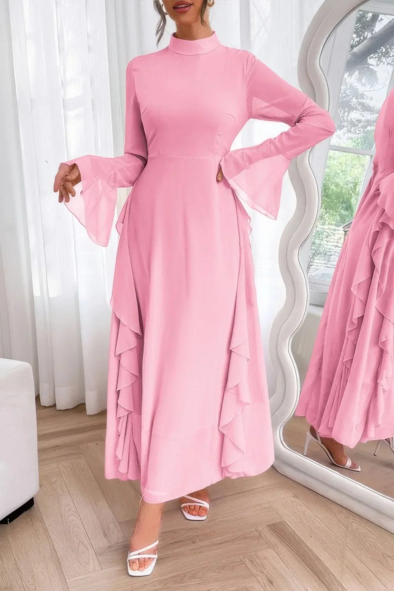 Solid Stand Collar Flare Sleeve Ruffle Full Dress | Mixtshop LLC