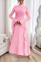 Solid Stand Collar Flare Sleeve Ruffle Full Dress | Mixtshop LLC