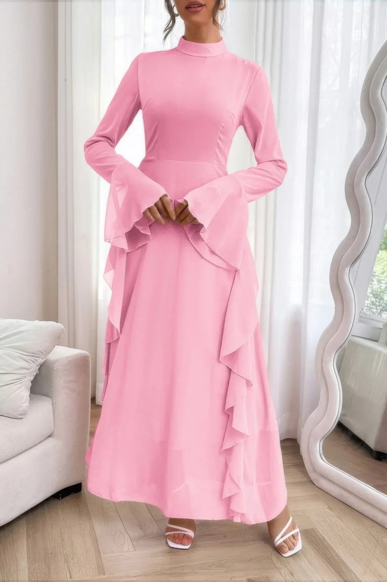 Solid Stand Collar Flare Sleeve Ruffle Full Dress | Mixtshop LLC