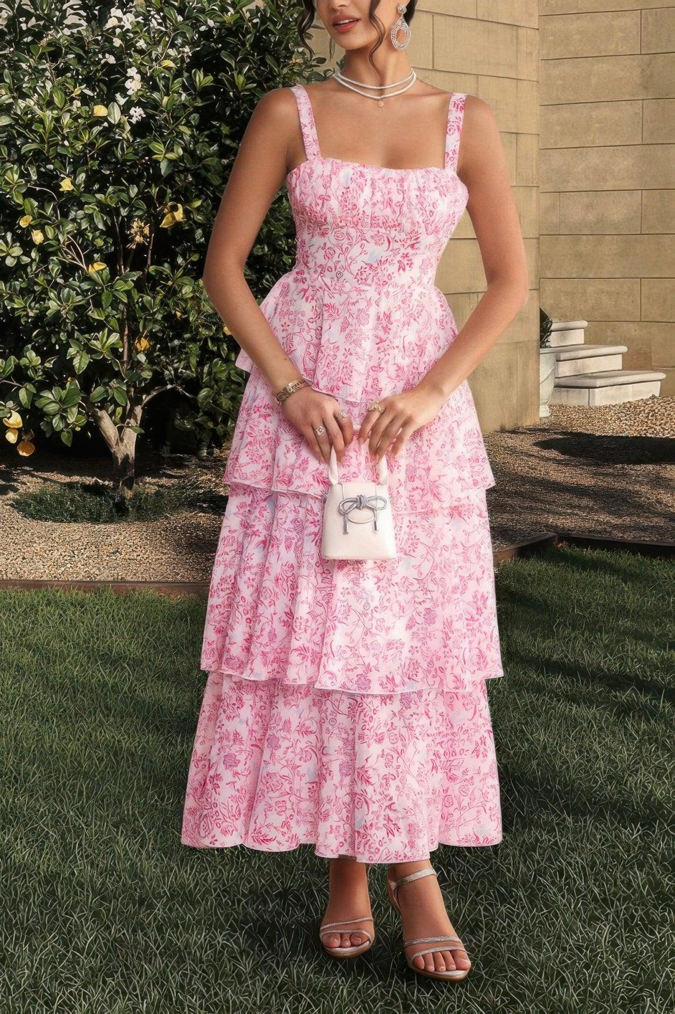 Floral Sleeveless Tie Back Tiered Full Dress | Mixtshop LLC