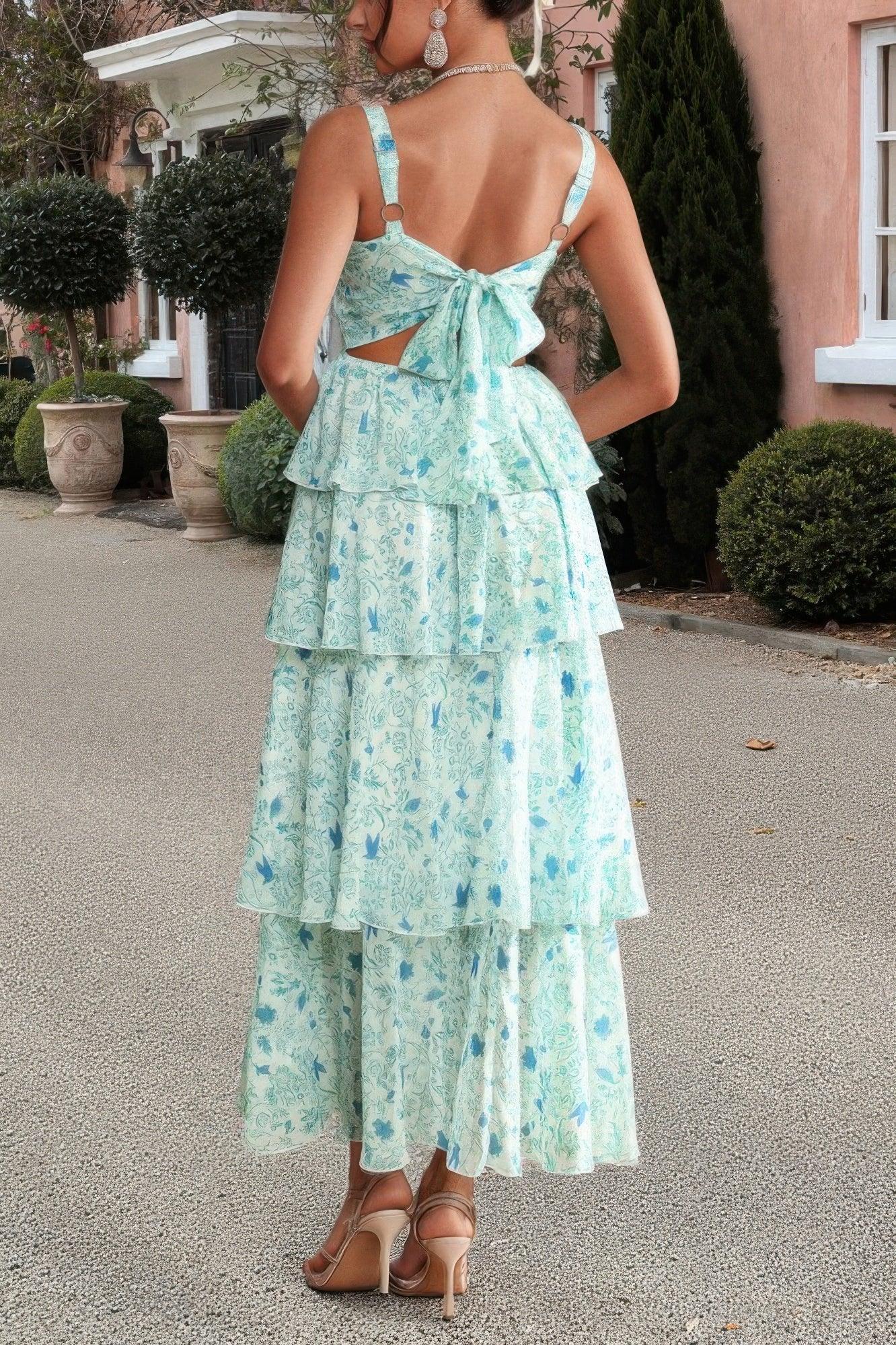 Floral Sleeveless Tie Back Tiered Full Dress | Mixtshop LLC