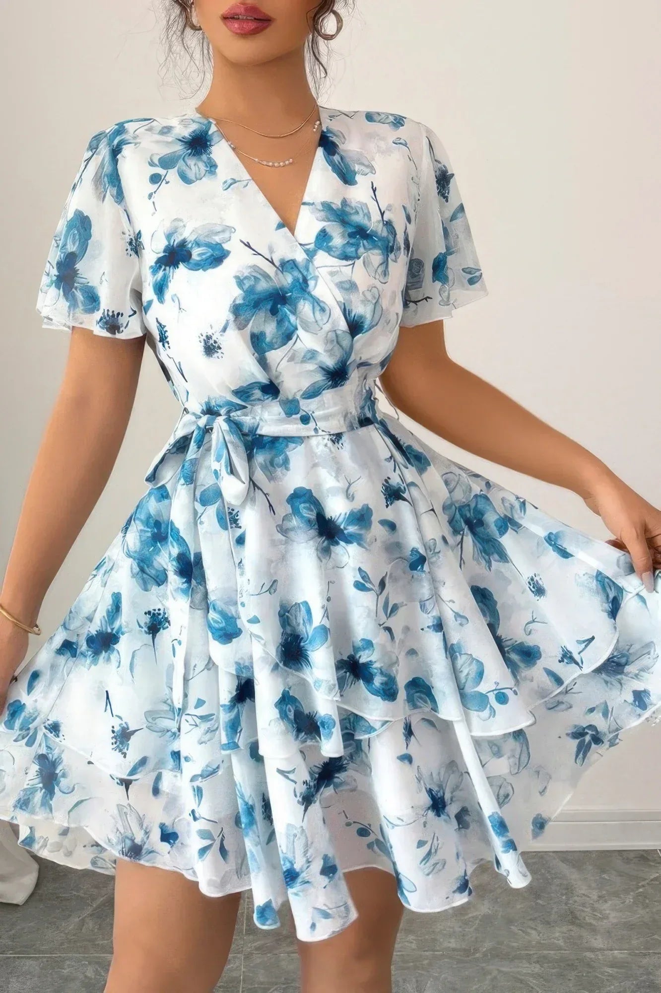Floral V Neck Ruffle Sleeve Tie Belt Dress | Mixtshop LLC Main image