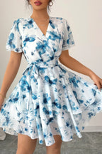 Floral V Neck Ruffle Sleeve Tie Belt Dress | Mixtshop LLC