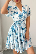 Floral V Neck Ruffle Sleeve Tie Belt Dress | Mixtshop LLC