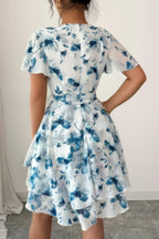 Floral V Neck Ruffle Sleeve Tie Belt Dress | Mixtshop LLC