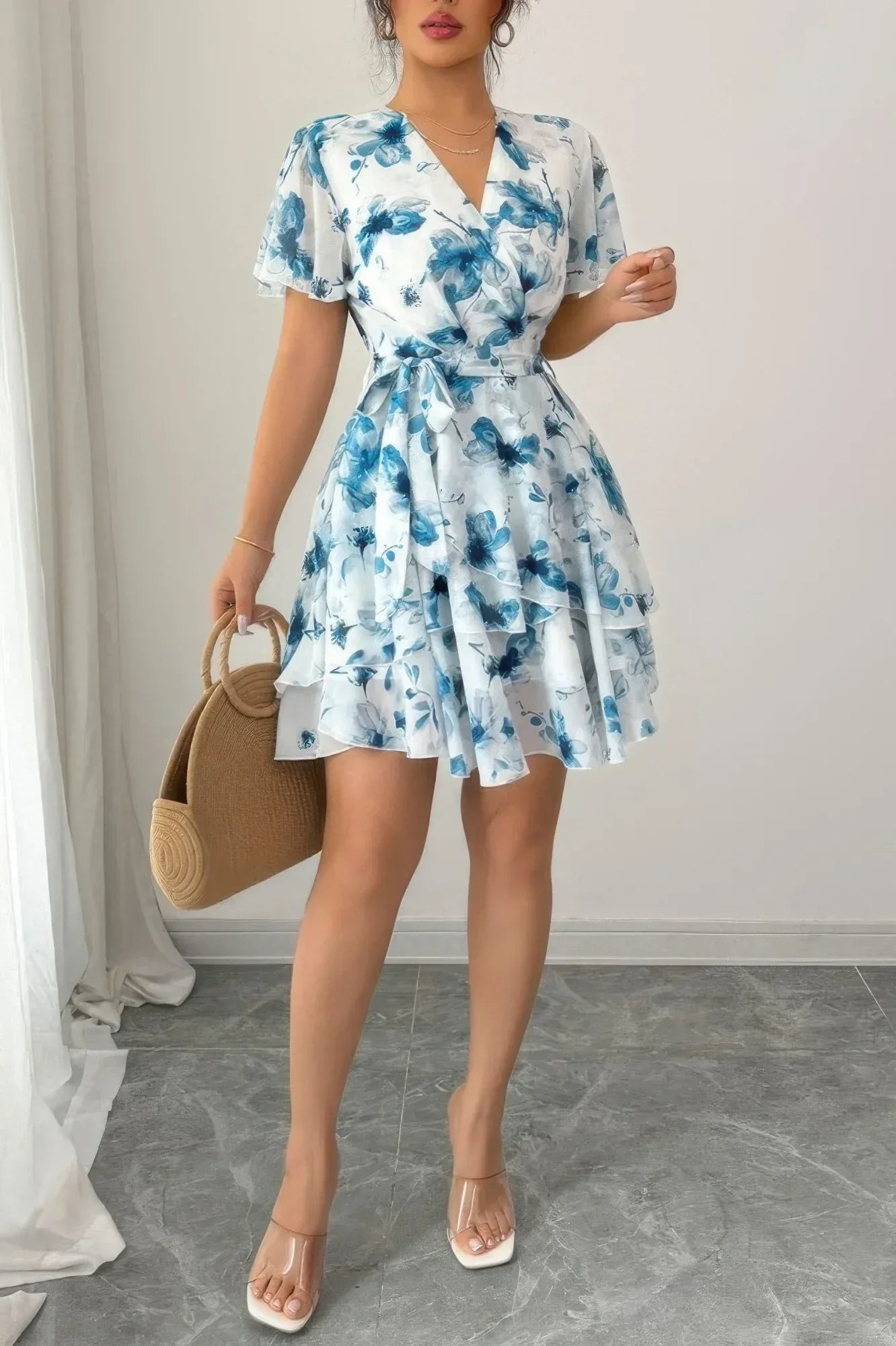 Floral V Neck Ruffle Sleeve Tie Belt Dress | Mixtshop LLC